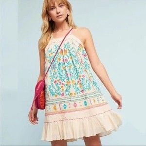 Anthropologie Akemi + Kin Vinales Womens Swing Dress 12 Embroidered Boho Beach